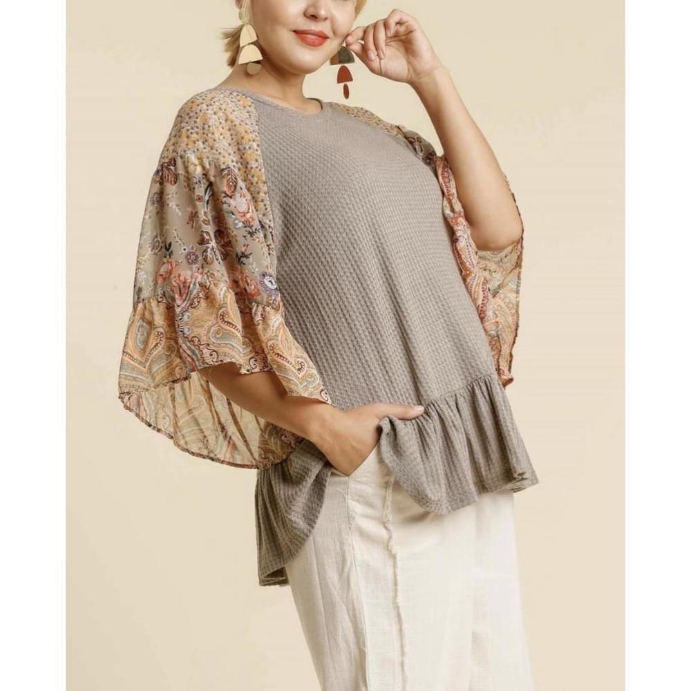 Umgee Taupe Waffle Knit Top with Paisley Bell Sleeves